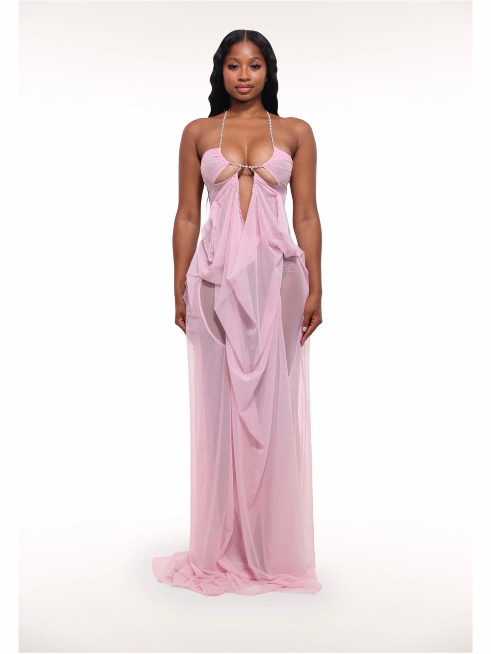 Sheer Pink Maxi Halter Dress with Draped Front